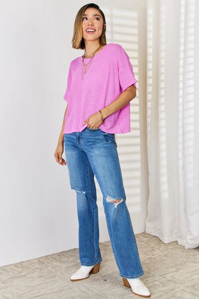 Round Neck Short Sleeve Top in Bright Mauve