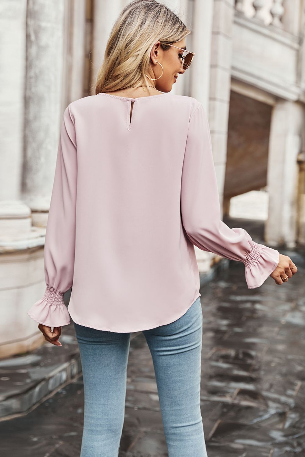 Women's Round Neck Long Flounce Sleeve Blouse with Smocked Wrists in Blush Pink, Key Hole Back Closure