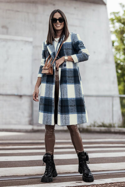 women's cute blue plaid coat with pockets