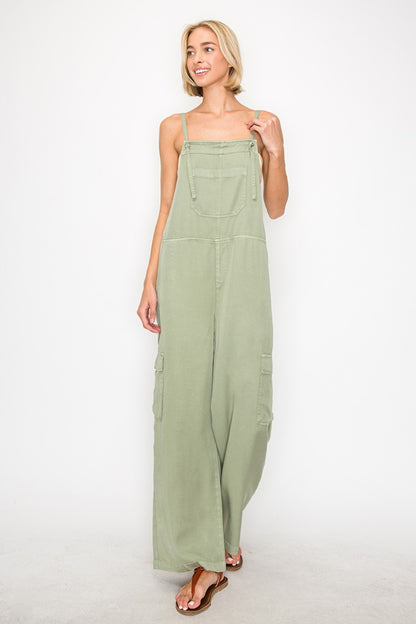 Women's Denim Wide Leg Overalls in Sage