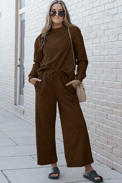 Women's Chestnut Brown Textured Long Sleeve Top and Drawstring Wide Leg Pants Set