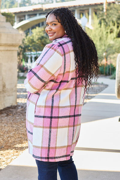 cute plus sized pink plaid coat with pockets