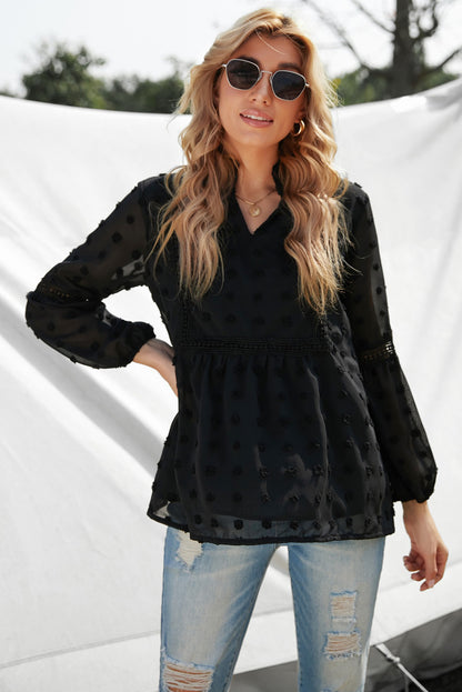 Women's Long Sleeve Swiss Dot Frilled Notched Neck Blouse in Black