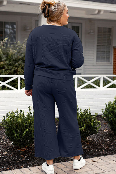 Women's Navy Textured Long Sleeve Top and Drawstring Wide Leg Pants Set