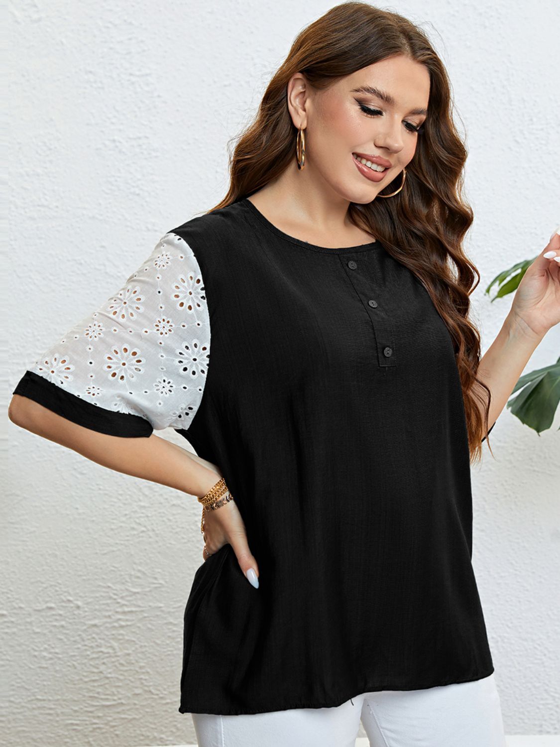 Plus Size Black Top with Contrast White laser cut short Sleeves