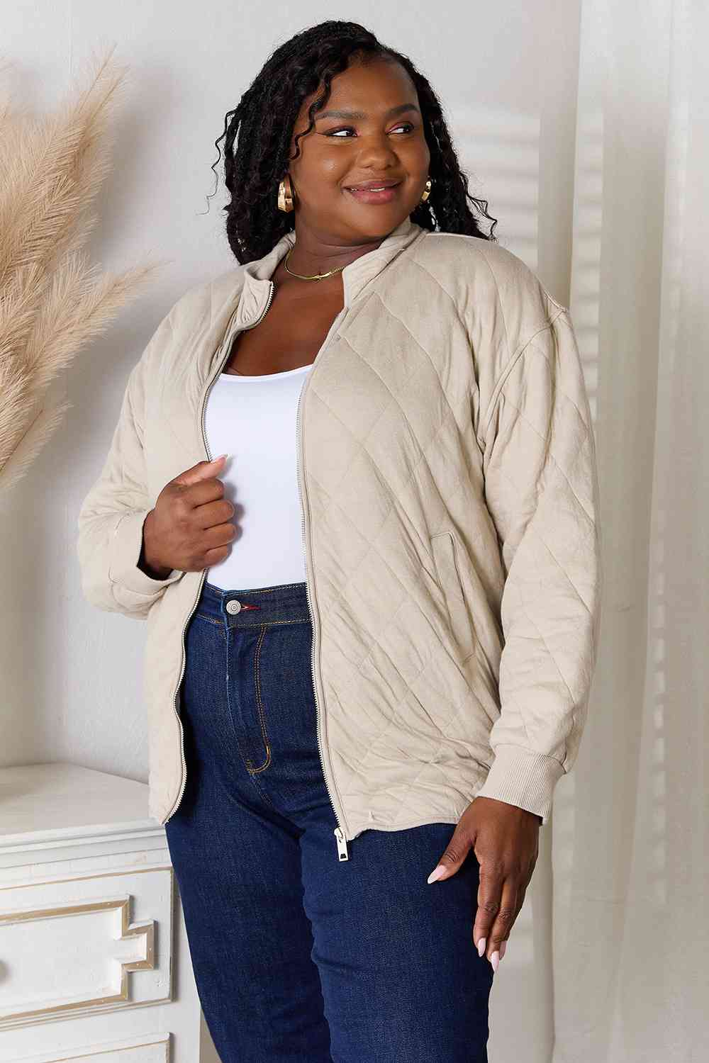 Zip-Up Jacket with Pockets - Beige