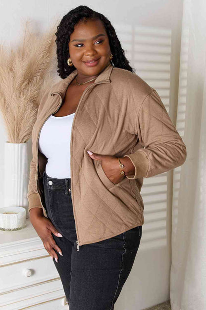 plus size mocha colored light weight jacket with pockets, hits at waist