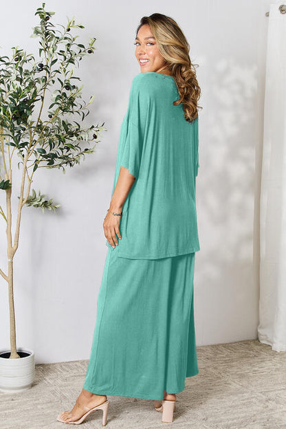 Short Sleeve Slit Top and Wide Leg Pants Set