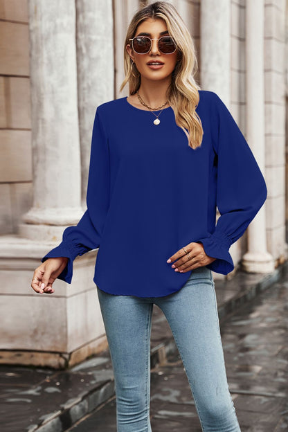 Women's Blue Colored Round Neck Long Flounce Sleeve Blouse with Smocked Wrists, Rounded Hem Line in Front and Back