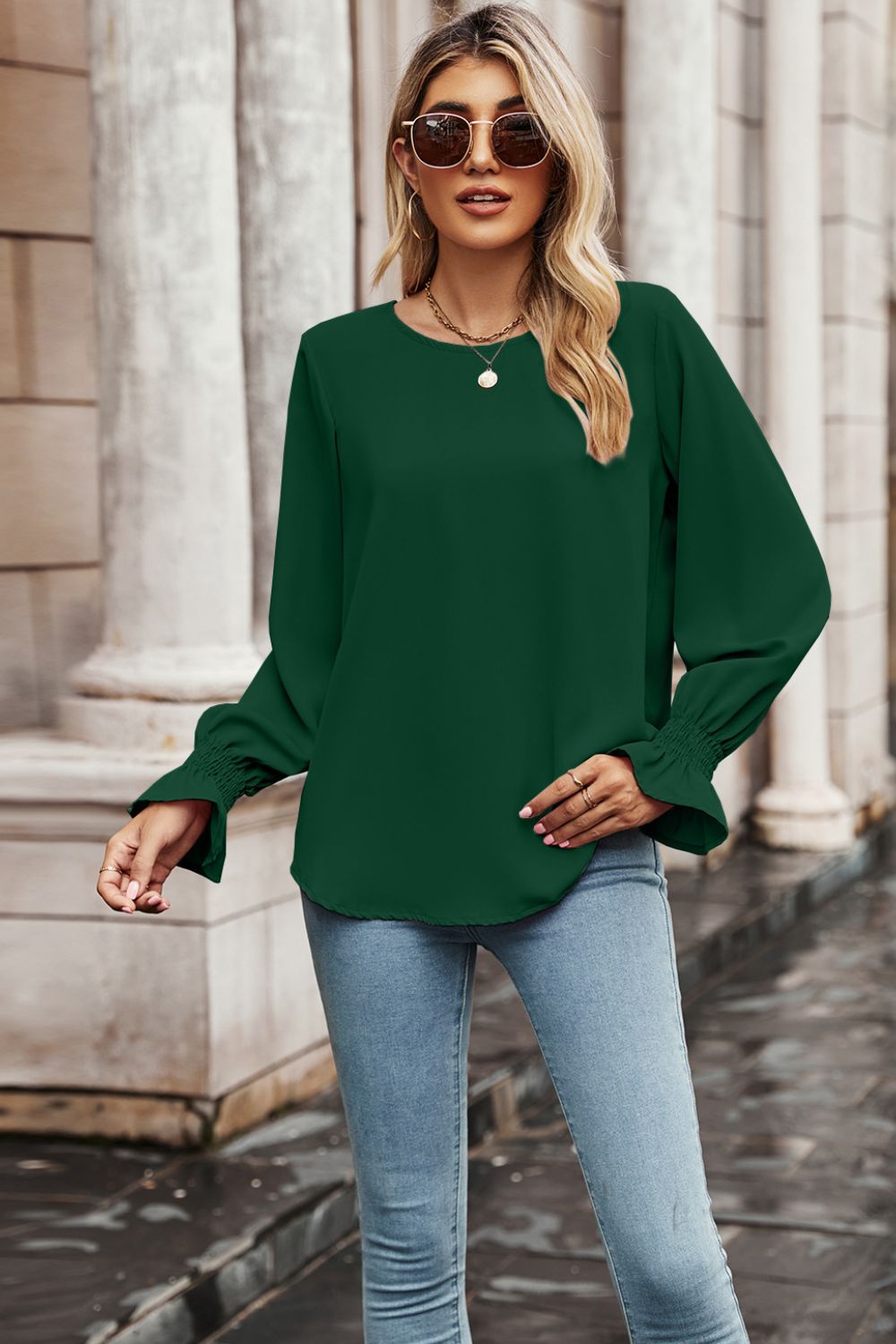 Women's Round Neck Long Flounce Sleeve Blouse with Smocked Wrists in Forest Green
