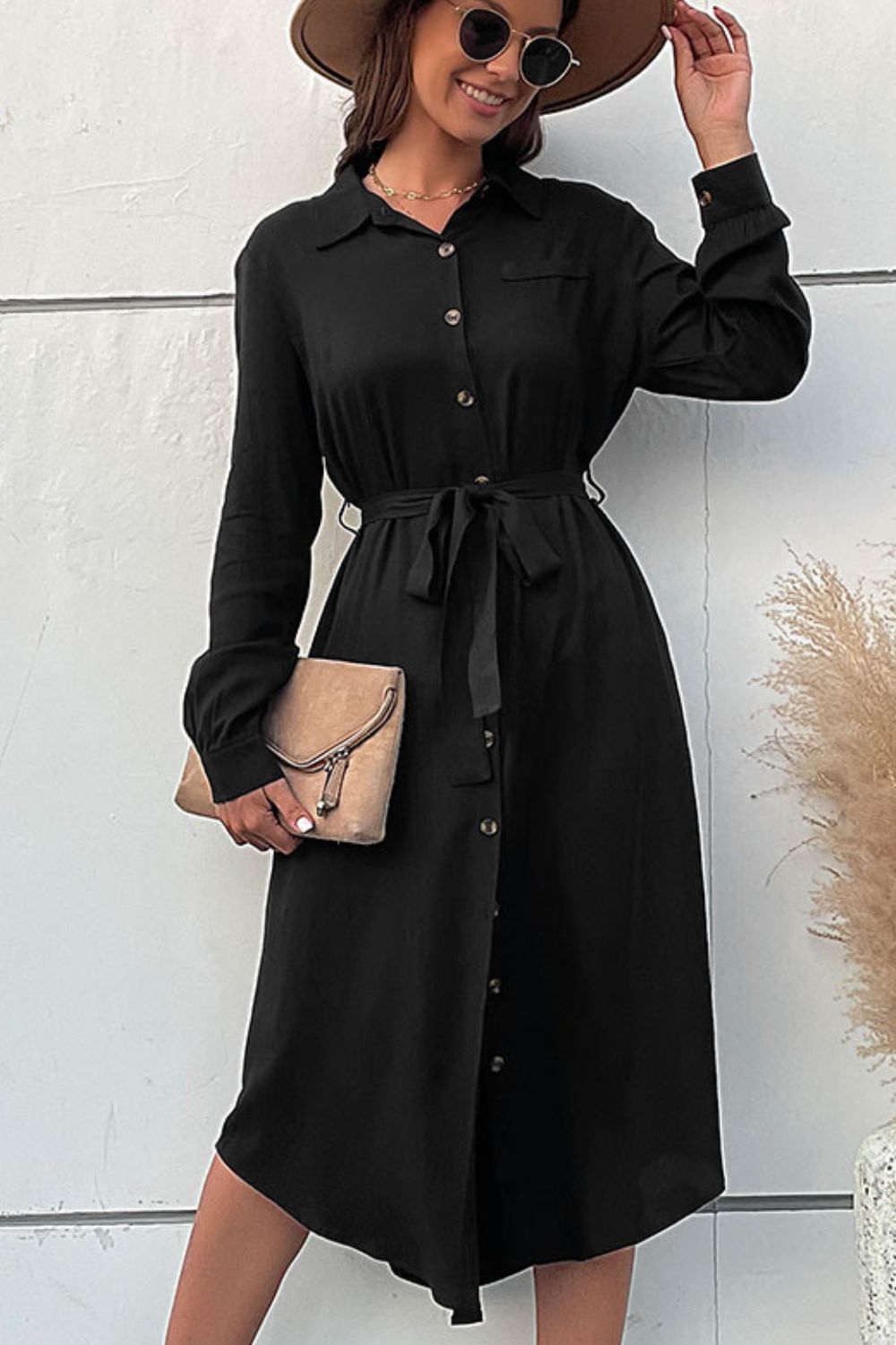 Women's Black Curved Hem Belted Long Sleeve Button Down Shirt Dress