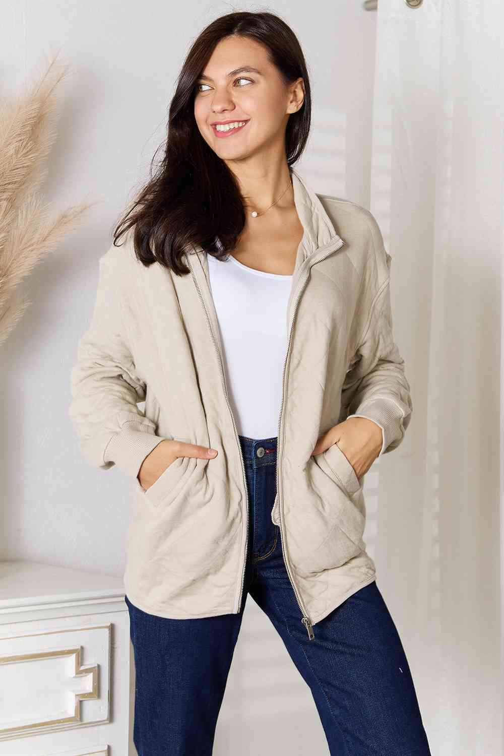 Zip-Up Jacket with Pockets - Beige