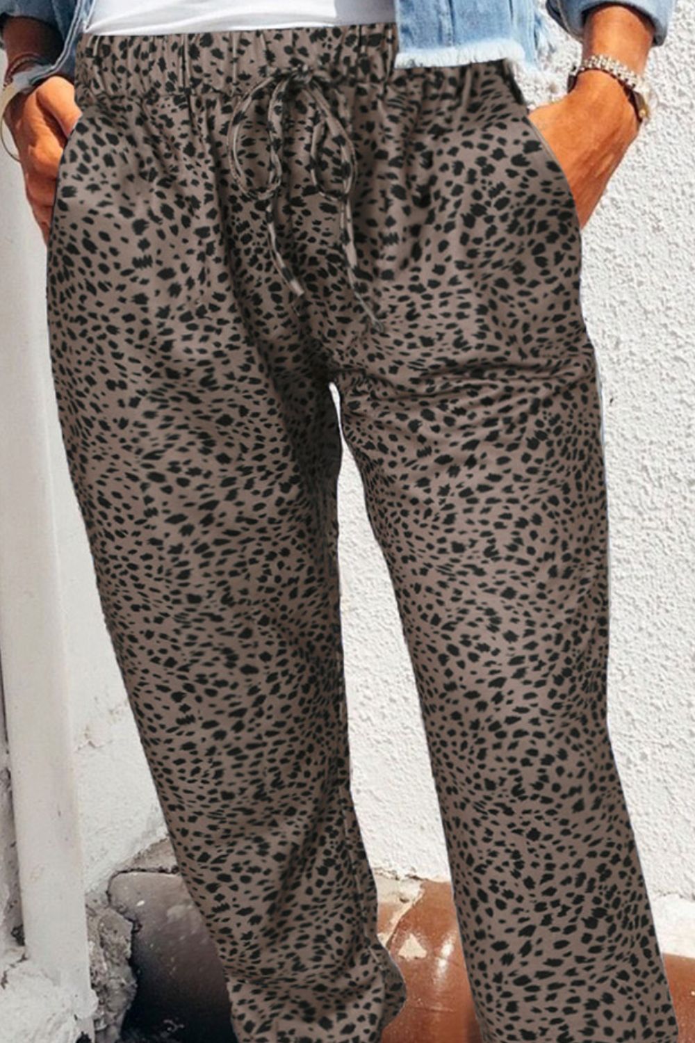 Close up of Women's Coffee Brown and Black Leopard Print Jogger Pants with Pockets
