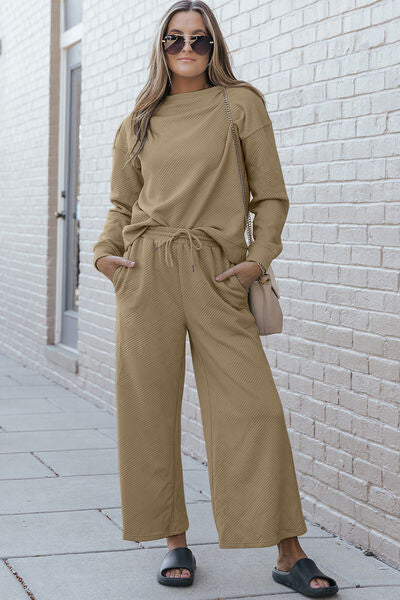 Women's Tan Colored Textured Long Sleeve Top and Drawstring Wide Leg Pants Set
