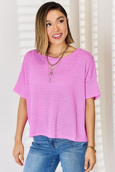 Round Neck Short Sleeve Top in Bright Mauve