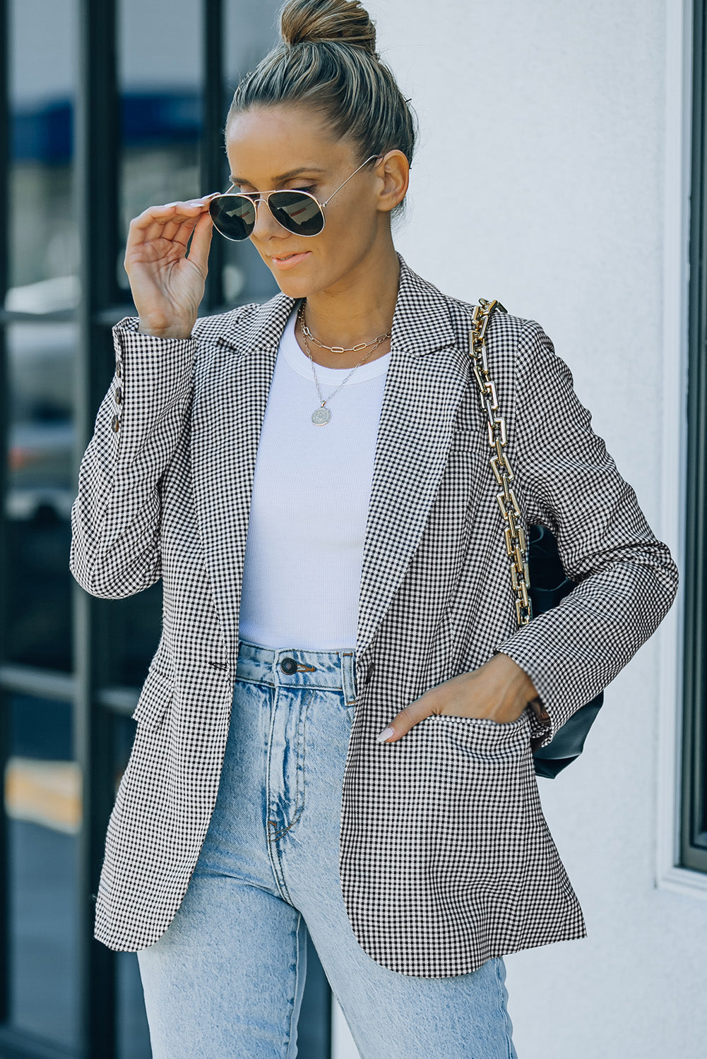 Women's Black and White Plaid Lapel Collar One-Button Cuff Blazer, Regular Length, Long Sleeves, Faux pockets on both sides, Small to 2X