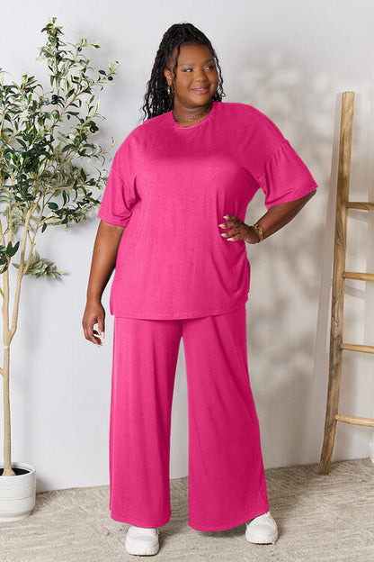 Short Sleeve Slit Top and Wide Leg Pants Set