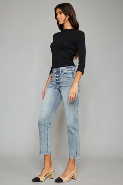 High Waist Button Fly Raw Hem Cropped Straight Jeans by Kancan