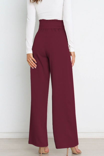Wine Colored Tie Front Paperbag Wide Leg Pants