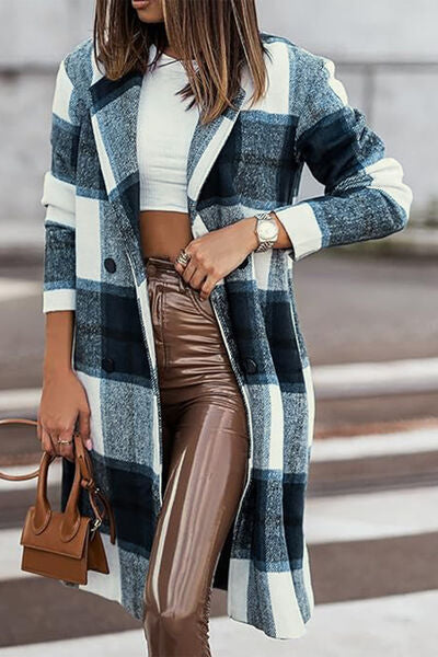 women's cute blue plaid coat with pockets