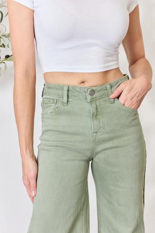 Raw Hem Wide-Leg Jeans - Sage