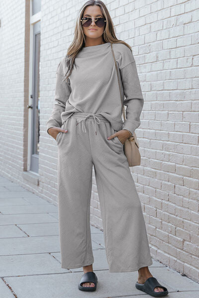 Women's Light Grey Textured Long Sleeve Top and Drawstring Wide Leg Pants Set