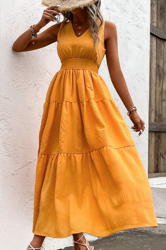 Tangerine Colored Sleeveless Smocked Waist Tiered Maxi Dress