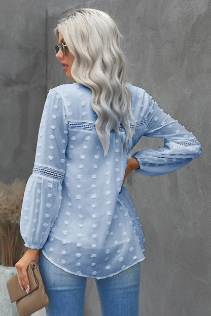 Women's Long Sleeve Swiss Dot Frilled Notched Neck Blouse in Pale Blue