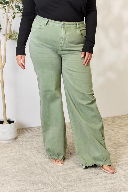 Raw Hem Wide-Leg Jeans - Sage