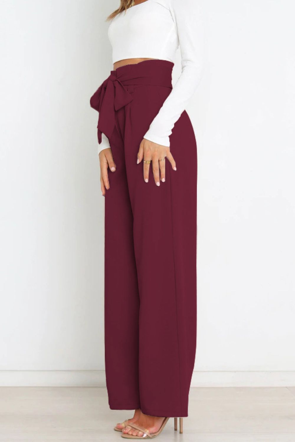 Wine Colored Tie Front Paperbag Wide Leg Pants