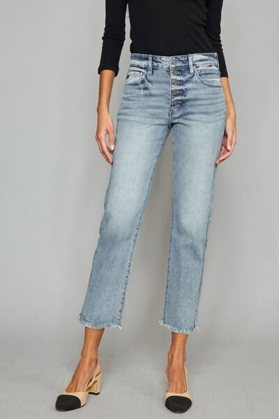 High Waist Button Fly Raw Hem Cropped Straight Jeans by Kancan