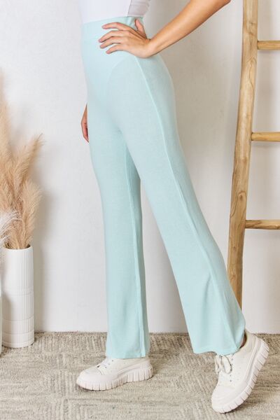 High Waist Ultra Soft Knit Flare Pants in Mint Green by RISEN