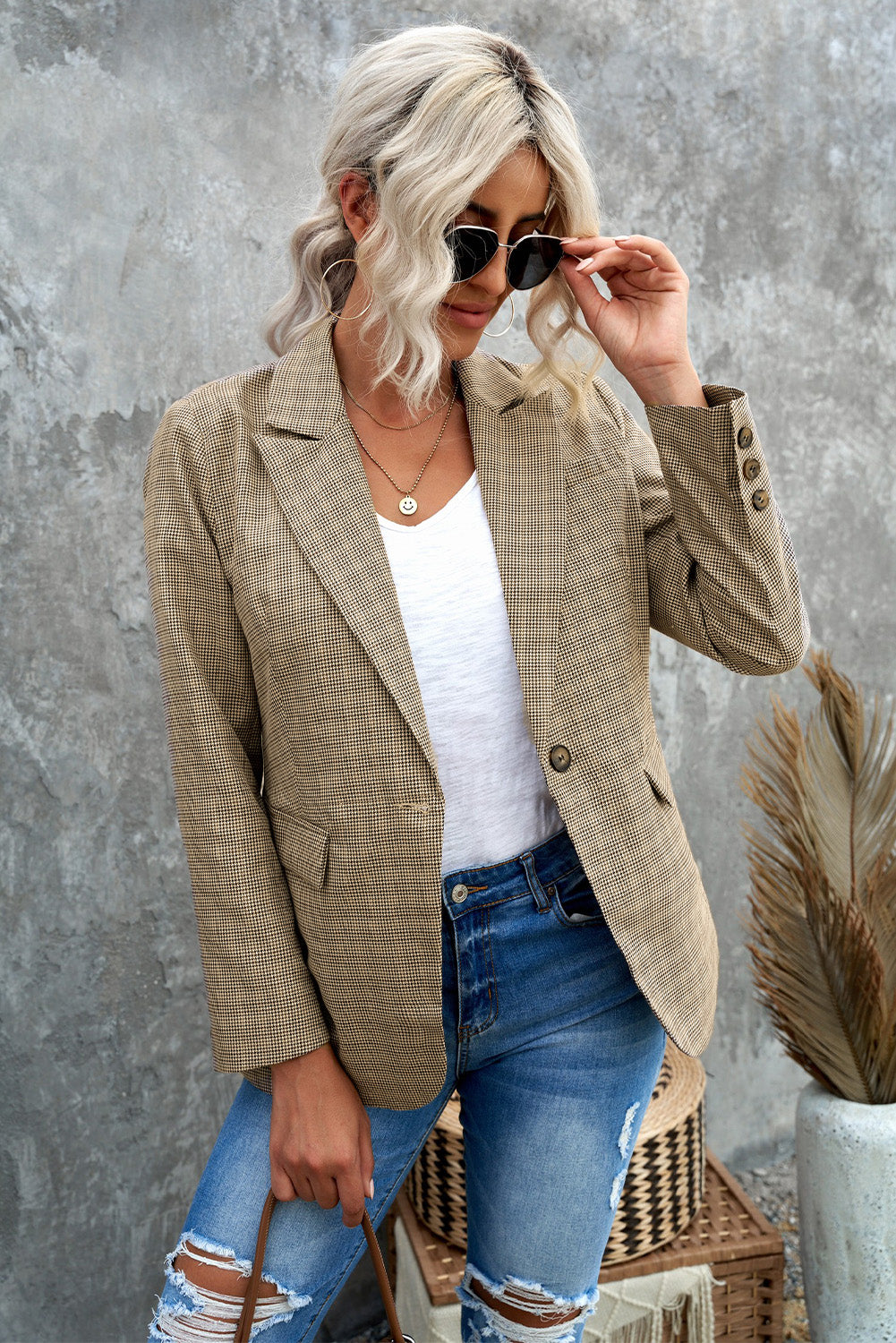 Women's Brown and Ivory Plaid Lapel Collar One-Button Cuff Blazer, Regular Length, Long Sleeves, Faux pockets on both sides, Small to 2X