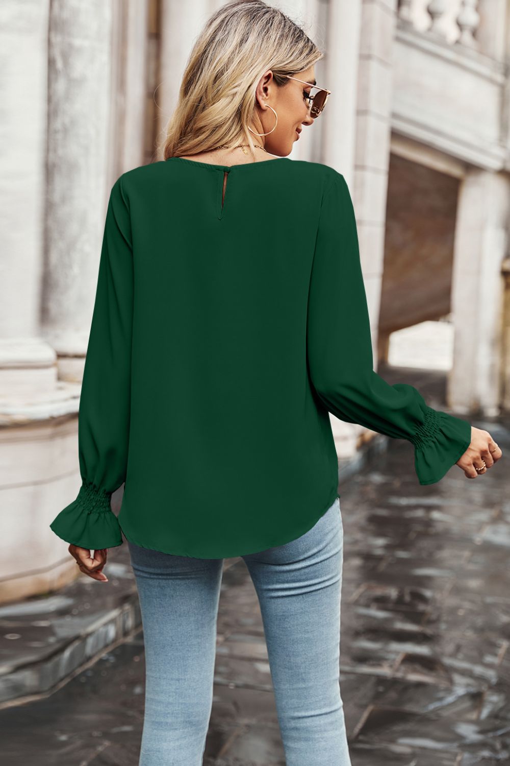 Women's Round Neck Long Flounce Sleeve Blouse with Smocked Wrists in Forest Green, Back Button Closure