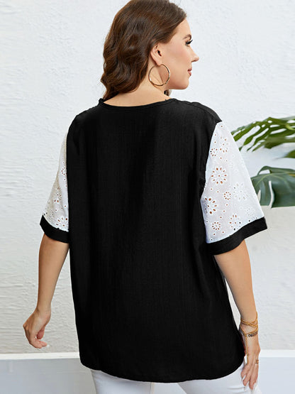 Plus Size Black Top with Contrast White laser cut short Sleeves, Back View