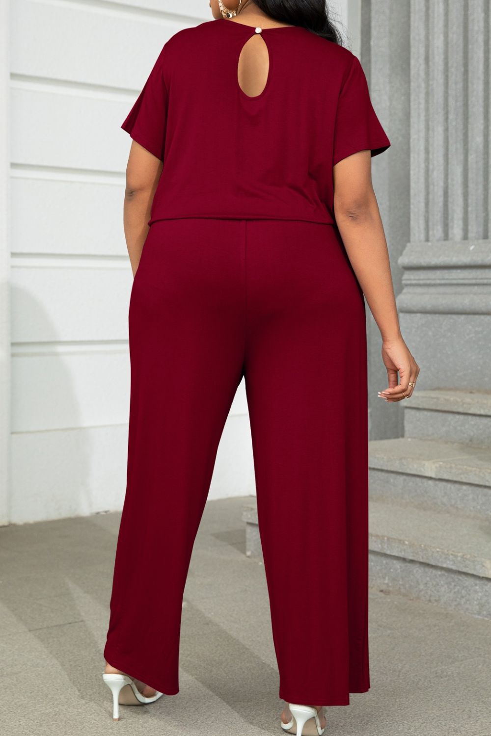 Plus Size Wine Red Drawstring Waist Short Sleeve Wide Leg Jumpsuit with Pockets