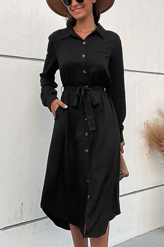Women's Black Curved Hem Belted Long Sleeve Button Down Shirt Dress