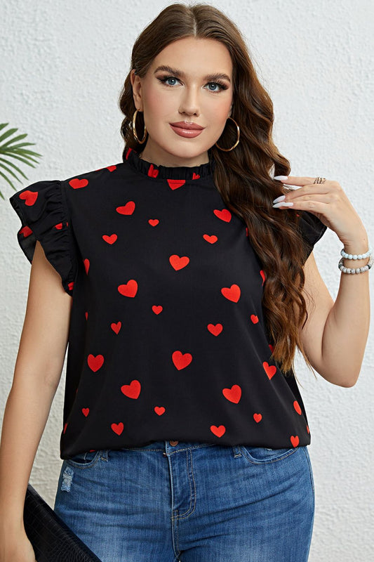 Women's Plus Size Black Top with Red Heart Print, Short Cap Flutter Sleeves, Mock Neck