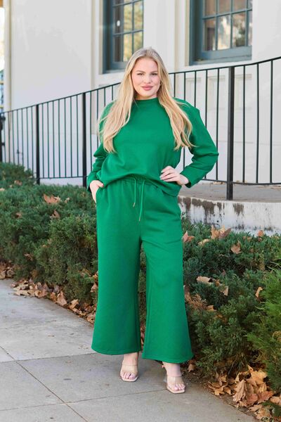 Women's Green Textured Long Sleeve Top and Drawstring Wide Leg Pants Set