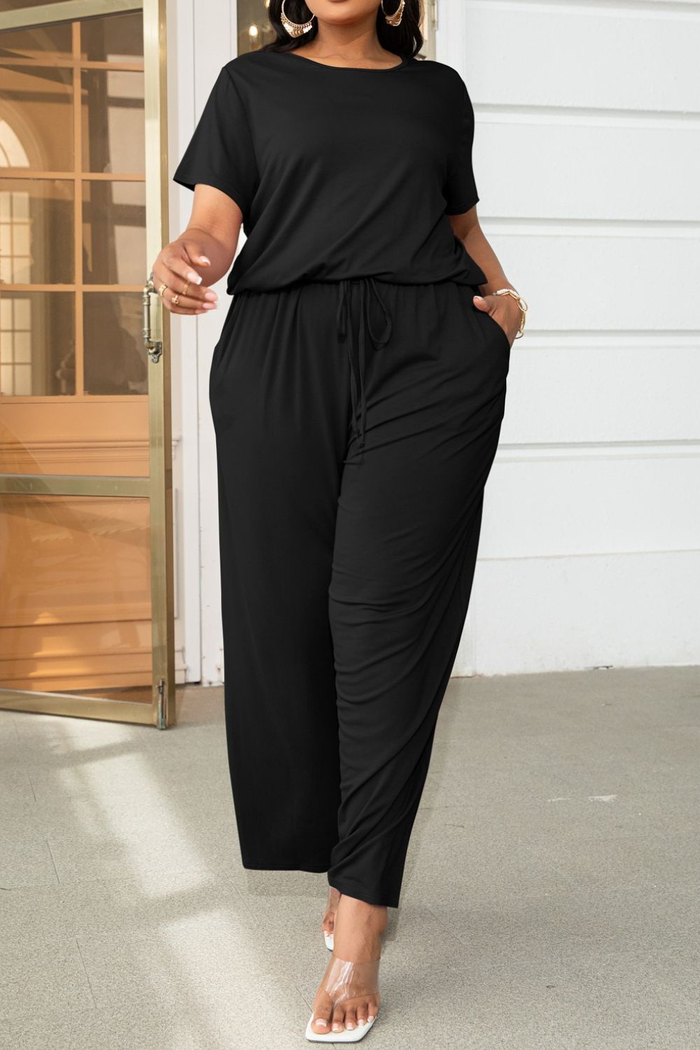 Plus Size Black Drawstring Waist Short Sleeve Wide Leg Jumpsuit with Pockets