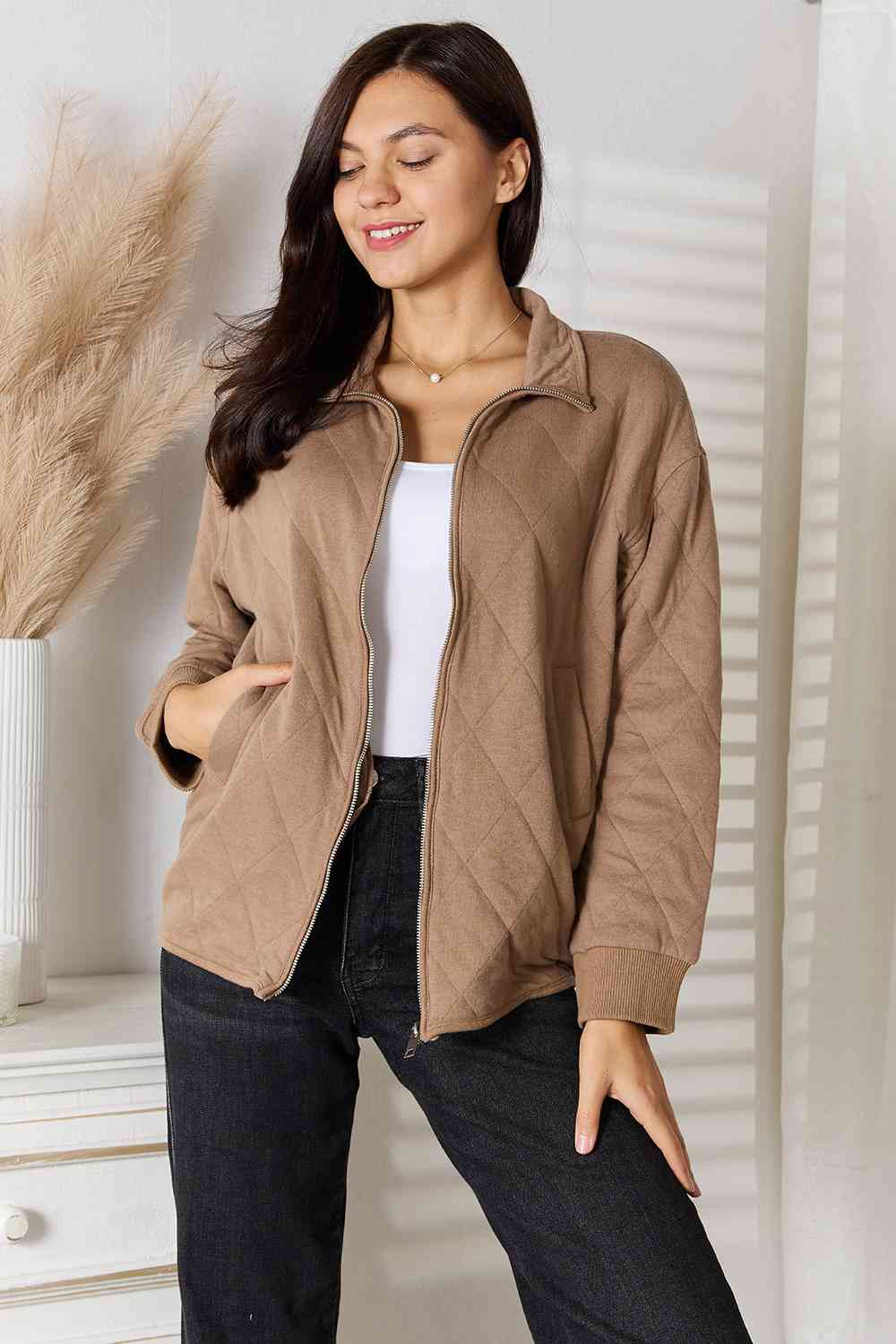 mocha zip up jacket with pockets