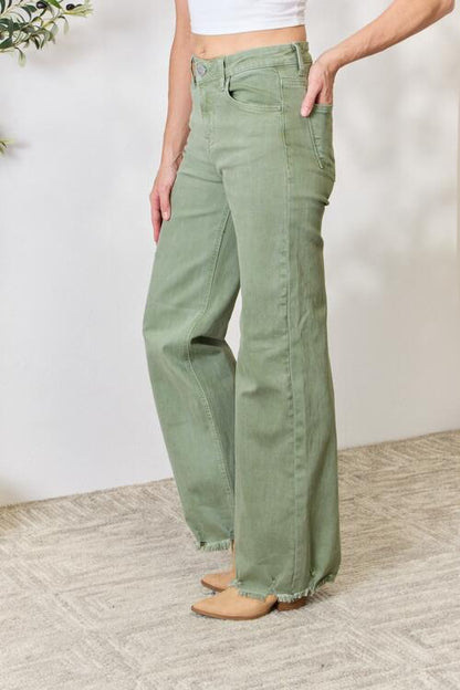 Raw Hem Wide-Leg Jeans - Sage